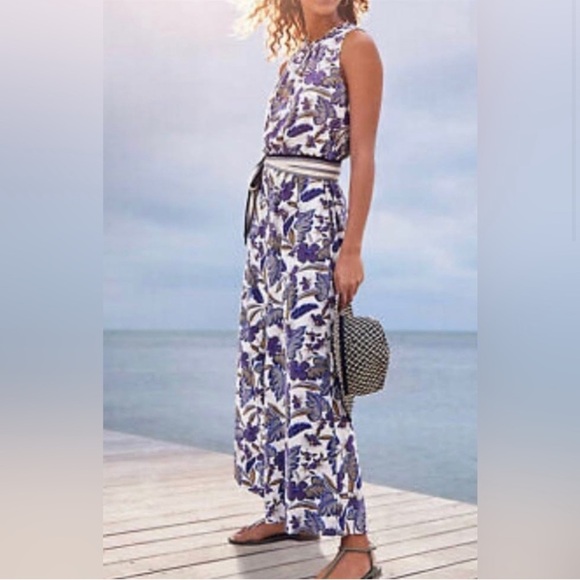 Ann Taylor LOFT Womens Purple Floral Ruffle Neck Pant Jumpsuit Wide Leg Tropical - Picture 4 of 15